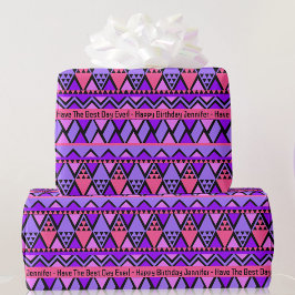 Happy Birthday aangepaste tekst & naam roze Paarse Cadeaupapier
