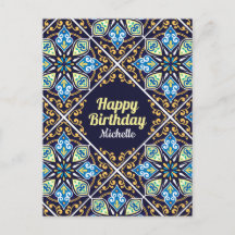 Happy Birthday aanpasbaar blauw Azulejos