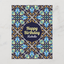 Happy Birthday aanpasbaar blauw Azulejos Briefkaart
