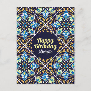 Happy Birthday aanpasbaar blauw Azulejos Briefkaart
