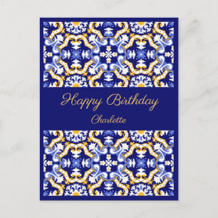 Happy Birthday aanpasbaar blauw Azulejos Briefkaart
