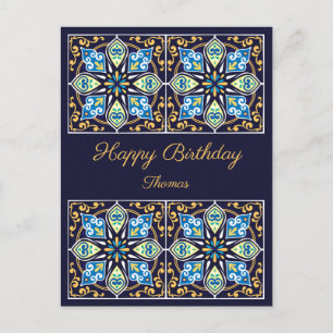 Happy Birthday aanpasbaar blauw Azulejos, Postc Briefkaart