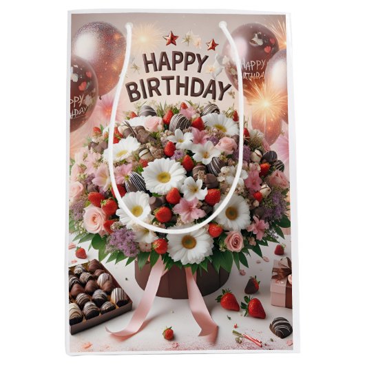 Happy Birthday, aardbeien in chocolade, door Nata Medium Cadeauzakje (Voorkant)