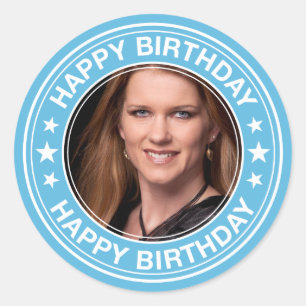 Happy Birthday Afbeelding Lijst in Blue Ronde Sticker