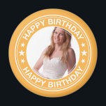 Happy Birthday afbeelding Lijst in het geel Magneet<br><div class="desc">Afbeeldingen lijst met de tekst Happy Birthday er omheen met 3 sterren in het wit op een zonnig gele achtergrond.</div>
