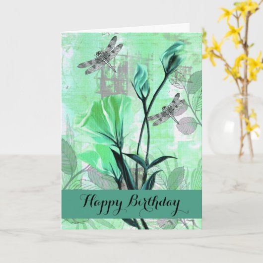 Happy Birthday - Algemeen - Libellen / Roos Stem Kaart (Gele Bloem)