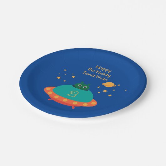 Happy Birthday Alien Spaceship met naam en leeftij Papieren Bordje (Gekanteld)