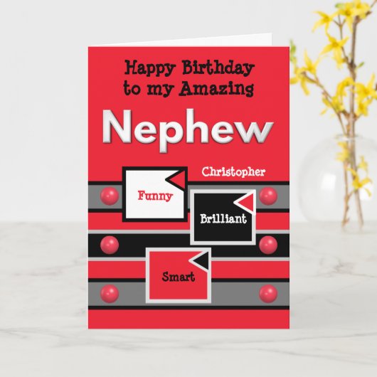 Happy Birthday Amazing Nephew red grijs zwart Kaart (Gele Bloem)