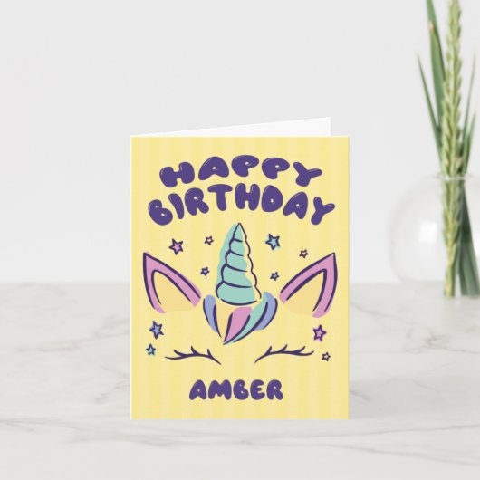 Happy Birthday Amber | Eenhoorn Verjaardag Kaart (Voorkant)