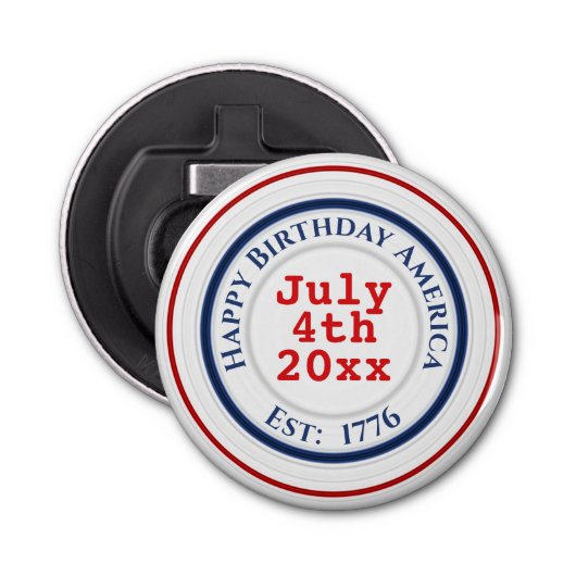Happy Birthday America Red White & Blue Rings Button Flesopener (Voorkant)