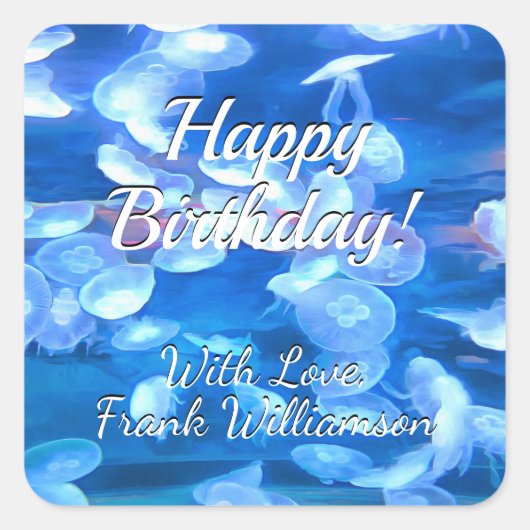 Happy Birthday Aquarium Jellyfish 0925 Vierkante Sticker (Voorkant)