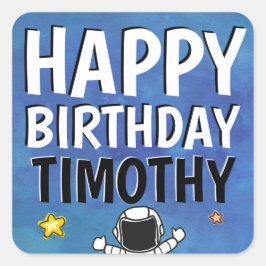 Happy Birthday Astronaut Buitenspatie Blauw Vierkante Sticker
