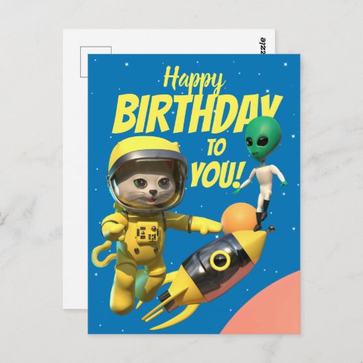 Happy Birthday Astronaut en Alien Fun briefkaart (Voorkant / Achterkant)