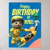 Happy Birthday Astronaut en Alien Fun Poster (Voorkant)