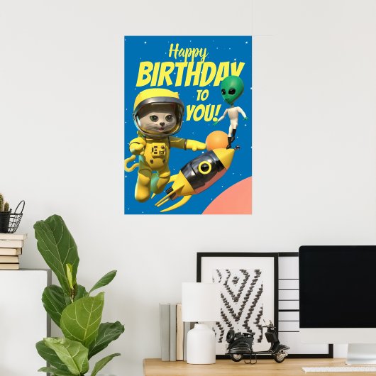 Happy Birthday Astronaut en Alien Fun Poster (Thuiskantoor)