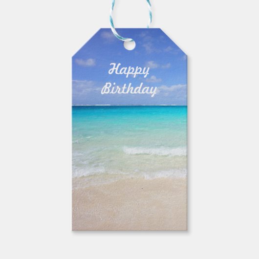 Happy Birthday Azure Blue Caribbean Tropical Beach Cadeaulabel (Voorkant)