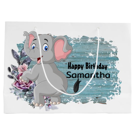Happy Birthday Baby Elephant Rustic Blue Groot Cadeauzakje (Achterkant)