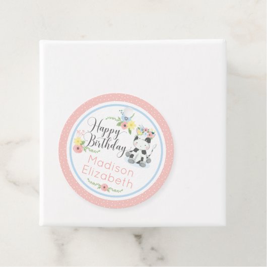 Happy Birthday Baby Koe Bloemen 1e Verjaardagsfees Bedankjes Labels (In situ)