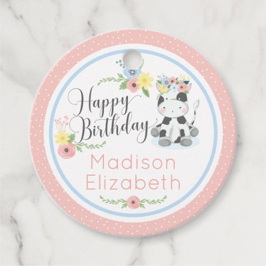 Happy Birthday Baby Koe Bloemen 1e Verjaardagsfees Bedankjes Labels (Voorkant)