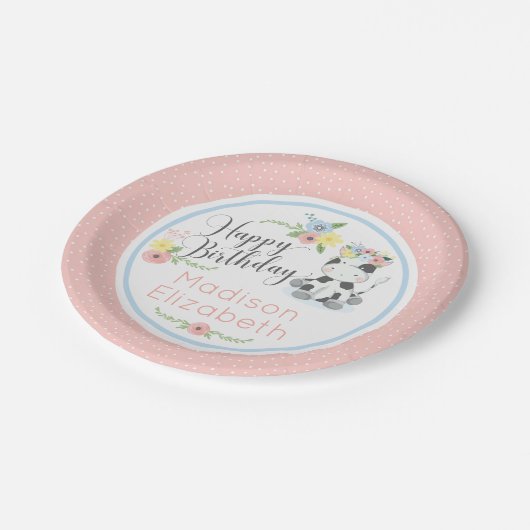 Happy Birthday Baby Koe Bloemen 1e Verjaardagsfees Papieren Bordje (Gekanteld)