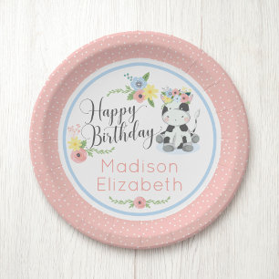 Happy Birthday Baby Koe Bloemen 1e Verjaardagsfees Papieren Bordje