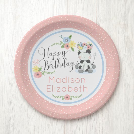 Happy Birthday Baby Koe Bloemen 1e Verjaardagsfees Papieren Bordje