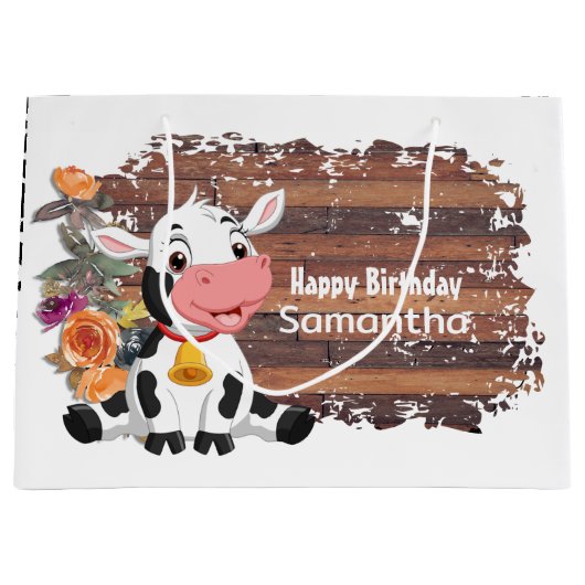 Happy Birthday Baby Koe Rustic Brown Groot Cadeauzakje (Voorkant)