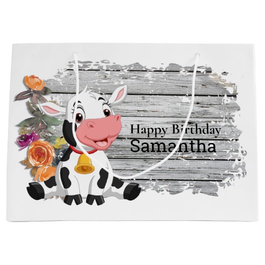 Happy Birthday Baby Koe Rustic Grey Large Gift Bag Groot Cadeauzakje (Voorkant)