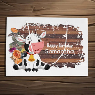 Happy Birthday Baby Koe Rustic Large Gift Bag Groot Cadeauzakje