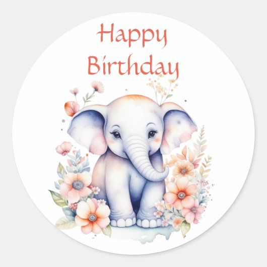 Happy Birthday Baby Olifant Waterverf Ronde Sticker (Voorkant)