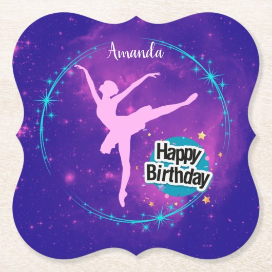 Happy Birthday Ballerina Galaxy Gepersonaliseerd Kartonnen Onderzetters (Voorkant)