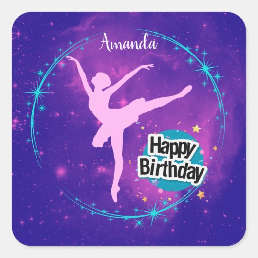 Happy Birthday Ballerina Galaxy Gepersonaliseerd Vierkante Sticker (Voorkant)