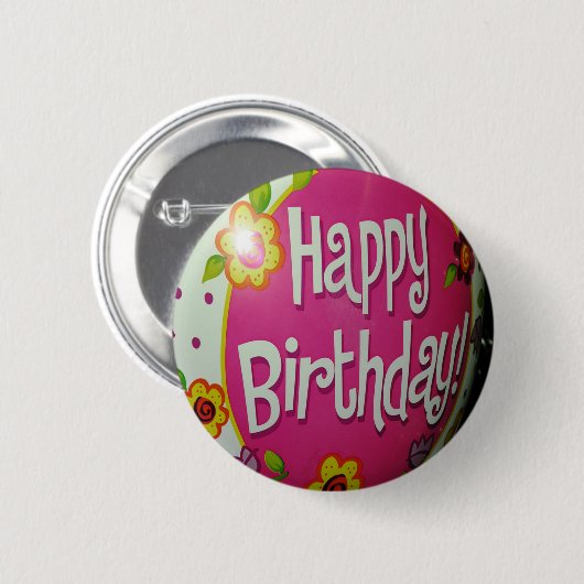 Happy Birthday-ballon met bloemen, ballonontwerp Ronde Button 5,7 Cm (Voorkant /achterkant)