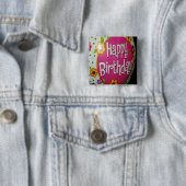 Happy Birthday-ballon met bloemen, ballonontwerp Vierkante Button 5,1 Cm (In situ)