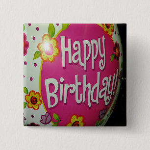 Happy Birthday-ballon met bloemen, ballonontwerp Vierkante Button 5,1 Cm