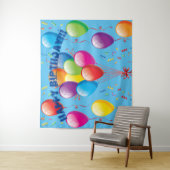 Happy Birthday-ballonachtergrond en banner - blauw Wandkleed (In situ)