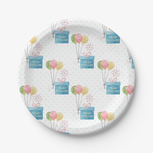 Happy Birthday-ballonnen en cadeaudoos Papieren Bordje (Voorkant)
