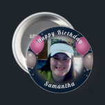 Happy Birthday-ballonnen en fotoroze Ronde Button 7,6 Cm<br><div class="desc">Alle tekst kan worden aangepast. Fun ballonnen en confetti happy jarig één foto knop. Al kunstwerk dat door Valarie Wade wordt ontworpen.</div>