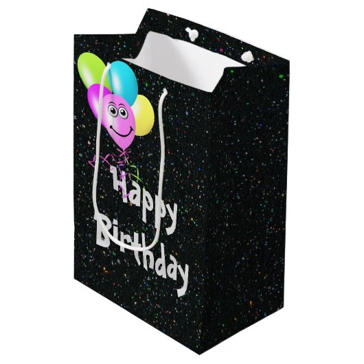 Happy Birthday ballonnen op Glitter Medium Cadeauzakje (Voorkant Gekanteld)