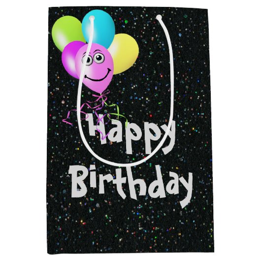 Happy Birthday ballonnen op Glitter Medium Cadeauzakje (Voorkant)