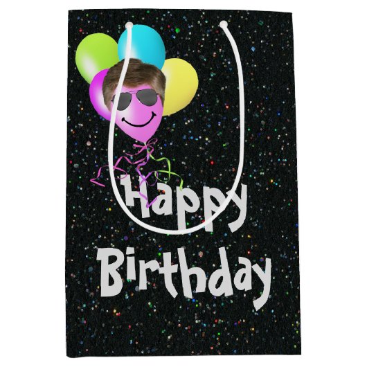 Happy Birthday ballonnen op Glitter Medium Cadeauzakje (Voorkant)