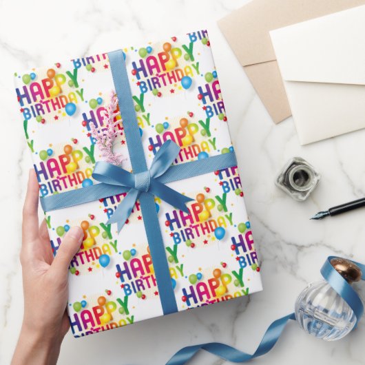 Happy Birthday-ballonnen op wit Cadeaupapier (Geschenken)