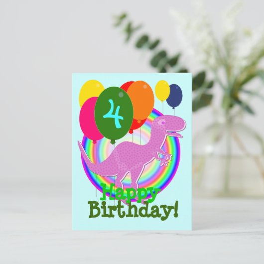 Happy Birthday Balloon 4 Paarse T-Rex Briefkaart (Staand voorkant)