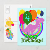 Happy Birthday Balloon 4 Paarse T-Rex Briefkaart (Voorkant / Achterkant)