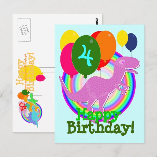 Happy Birthday Balloon 4 Paarse T-Rex Briefkaart (Voorkant / Achterkant)