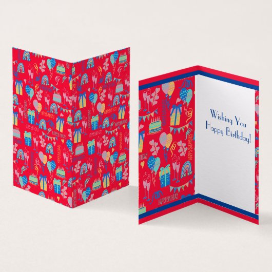 Happy Birthday Balloon, Streamers en Cake Kaart (Binnen en buitenkant)