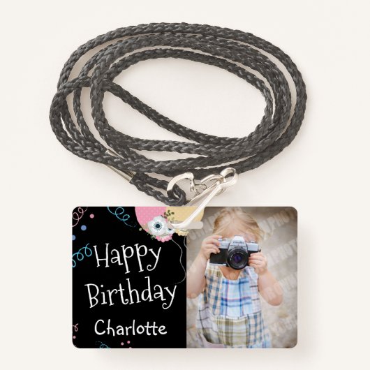 Happy Birthday Balloons Name en Photo Black Badge (Voorkant met draagriem)