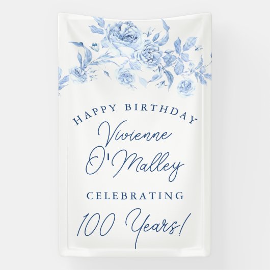 Happy Birthday Banner 100e Blauwe Bloemen Sjabloon (Verticaal)
