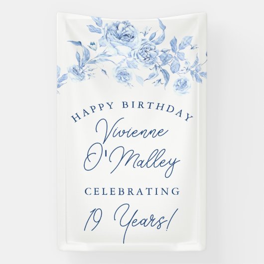 Happy Birthday Banner 19e Blauwe Bloemen Sjabloon (Verticaal)
