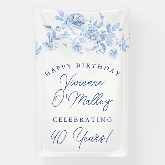 Happy Birthday Banner 40e Blauwe Bloemen Sjabloon (Verticaal)